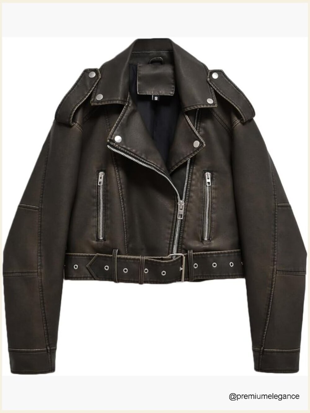 Faux Leather Cropped Biker Jacket with Removable Belt Zipper Pockets